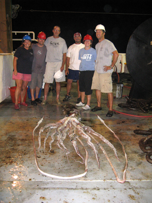  NOAA scientists with giant squid aboard the NOAA research vessel Gordon Gunter. (Credit: NOAA)