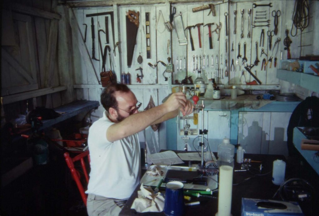 Frank Paladino in his field 'laboratory' using a Scholander respirometry apparatus to measure leatherback metabolic rates.