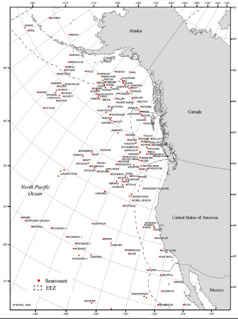 Named and unnamed seamounts in the Norteastern Pacific