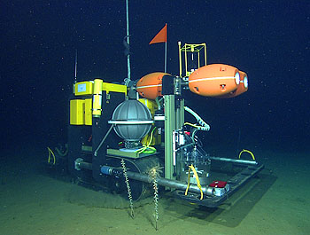 The Benthic Rover makes its way across the deep seafloor during a trial run in 2007. The "brains" of the vehicle are protected by a spherical titanium pressure housing. The orange and yellow objects are made of incompressible foam, whose buoyancy makes the Rover light enough underwater so that it won't sink into the soft deep-sea mud. Image: © 2007 MBARI