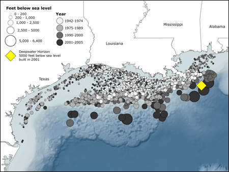 Map from Swordpress detailing depths and locations of oil platforms in Gulf of Mexico